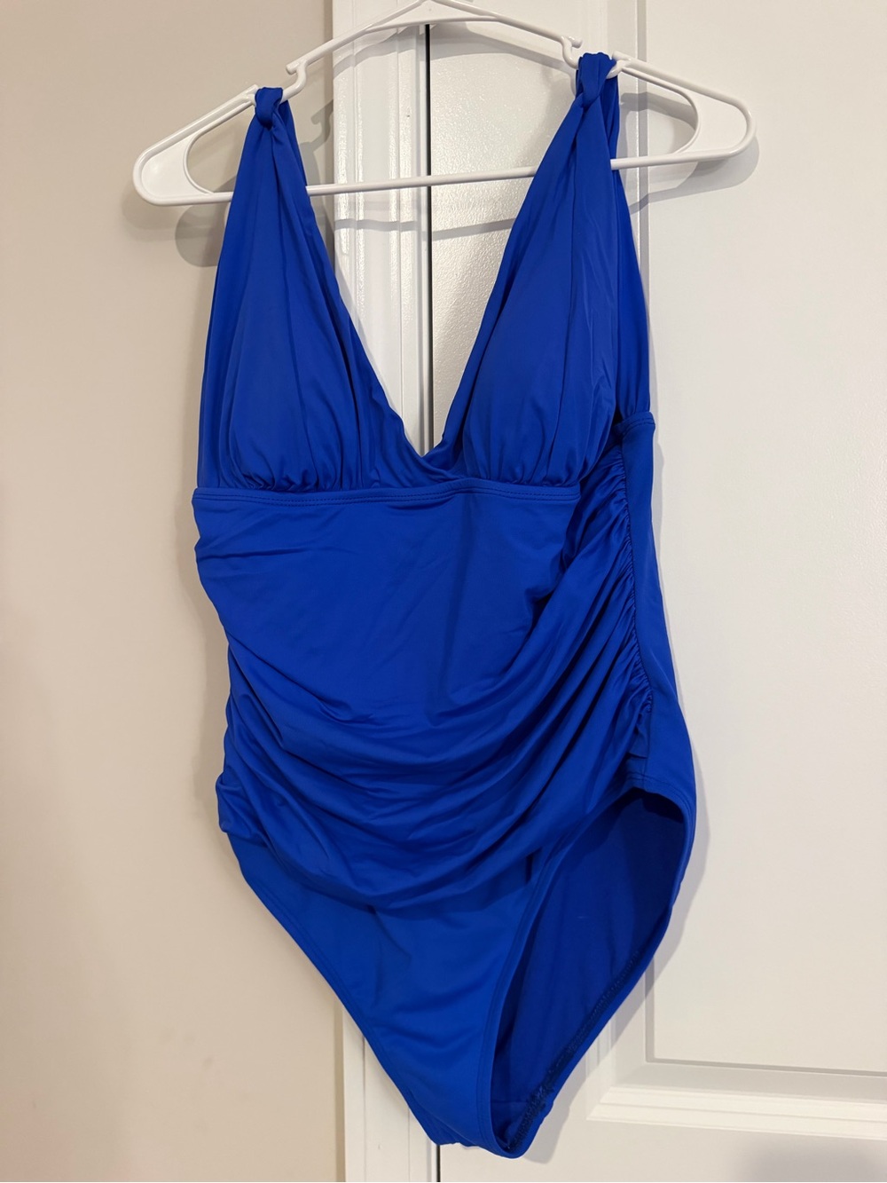 Women’s Liz Claiborne Size 12 Royal Blue One-Piece Swimsuit Ruched Front V Neck